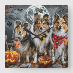 Horloge Carrée Shetland Sheepdog Halloween Éffrayant