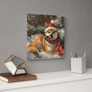 Horloge Carrée Shiba Inu Chien Festive de Noël