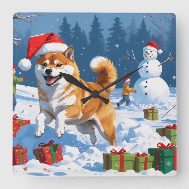 Horloge Carrée Shiba Inu coule en neige avec le Casquette de Noël (Recto)