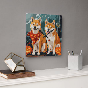 Horloge Carrée Shiba Inu Halloween Épouvantable
