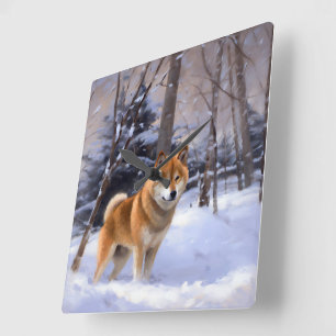 Horloge Carrée Shiba Inu Qu'il neige Noël 