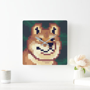 Horloge Carrée Shiba pixelart, horloge, Pixel Art 