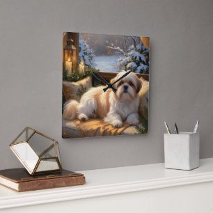 Horloge Carrée Shih Tzu avec les lumières de Noël
