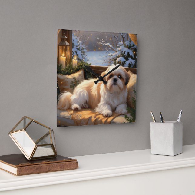 Horloge Carrée Shih Tzu avec les lumières de Noël (Bureau)