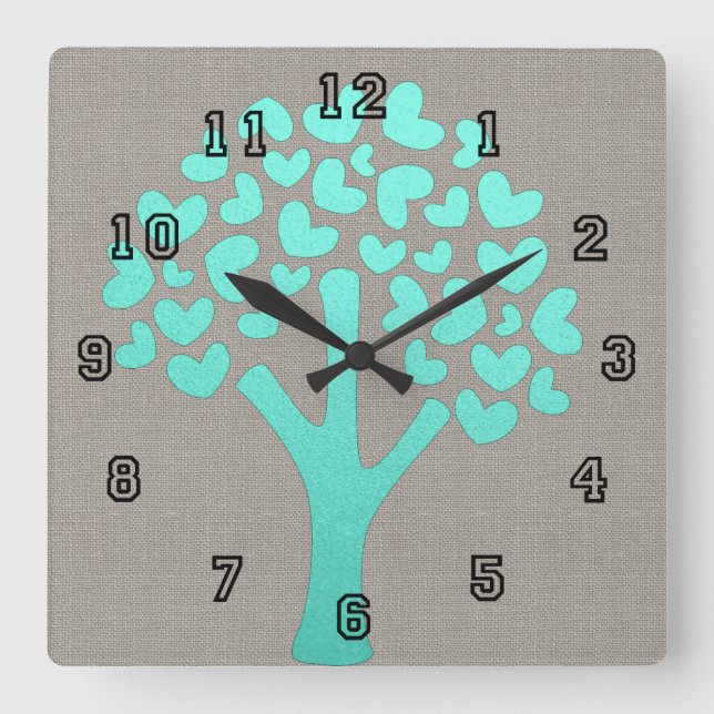 Horloge Carrée Shimmer Turquoise Arbre des Coeurs Linge Beige Loo (Recto)
