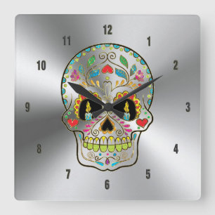 Horloge Carrée Shiny Gray Stainless Steel & Colorful Floral Skull