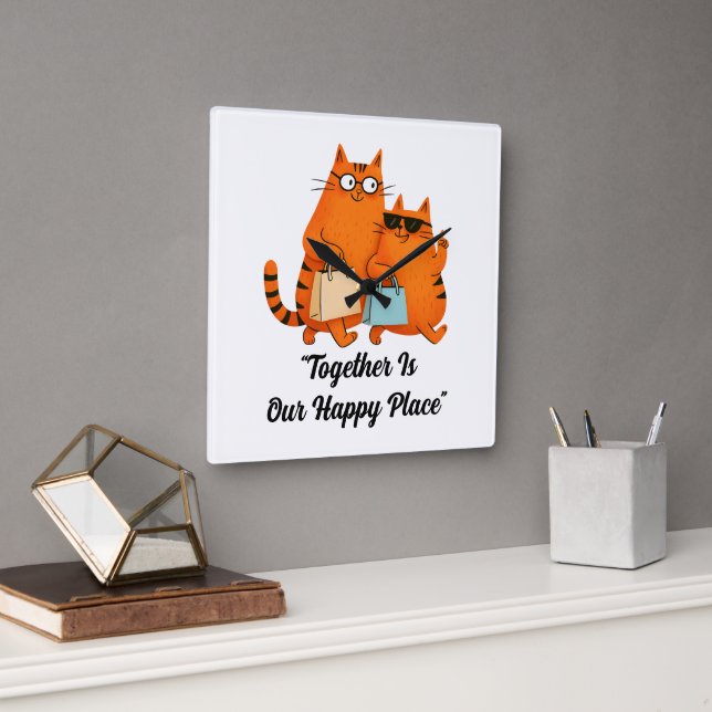 Horloge Carrée Shopping Day Cat Love Wall Clock (Bureau)
