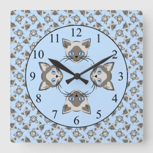 Horloge Carrée Siamese Blue Eyed Cat Faces Graphic Art Pattern