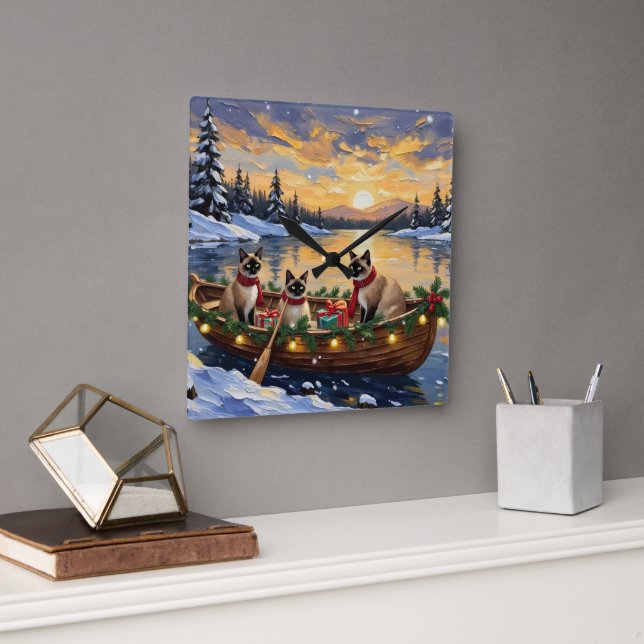 Horloge Carrée Siamese Cat Christmas Boat Holiday (Bureau)