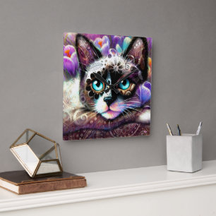Horloge Carrée Siamese Kitty Chat Crocus Floral Violet Turquoise