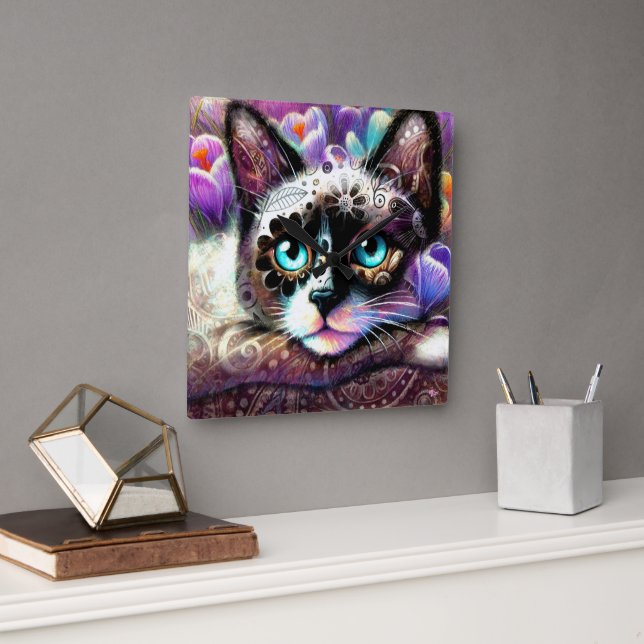 Horloge Carrée Siamese Kitty Chat Crocus Floral Violet Turquoise  (Bureau)