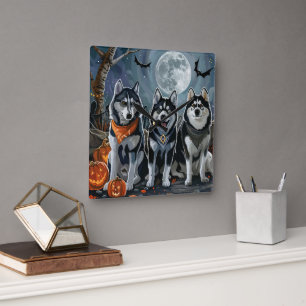 Horloge Carrée Siberian Husky Halloween Épouvantable