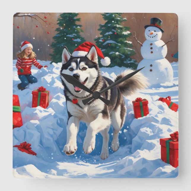 Horloge Carrée Sibérie Husky Courir en neige avec Casquette de No (Recto)