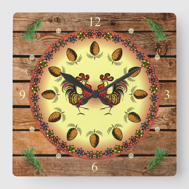 Horloge Carrée Signe d'écorce ~ Signe hexagonale ~ 2 coq ~ Cône d (Recto)