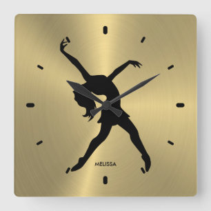 Horloge Carrée Silhouette Black Dancer sur fond d'or métallique