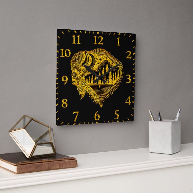 Horloge Carrée Silhouette Buffalo Avec Design Montagne (Bureau)