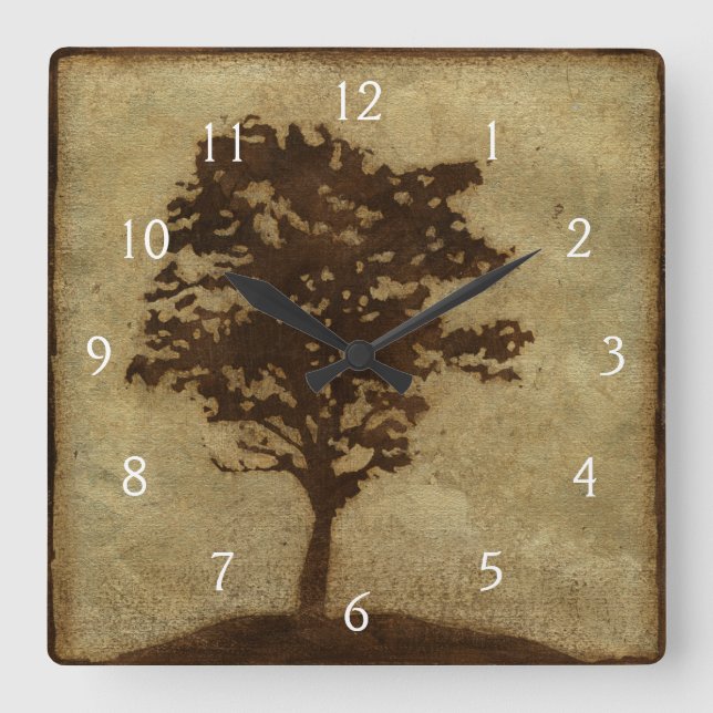 Horloge Carrée Silhouette d'arbre sur Arrière - plan de bronze (Recto)