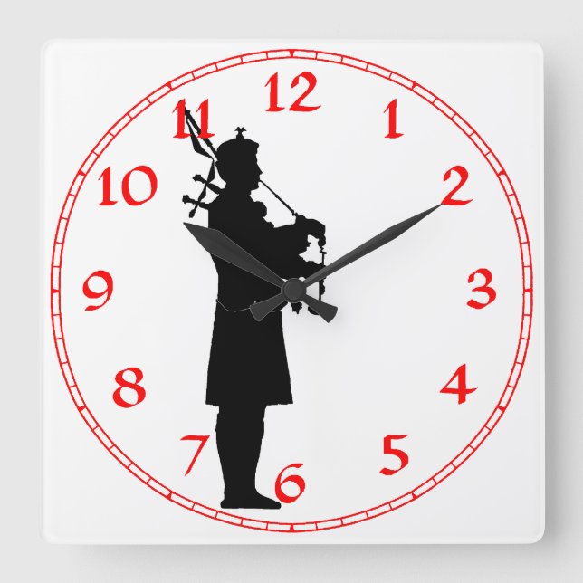 Horloge Carrée Silhouette de Bagpiper écossaise (Recto)