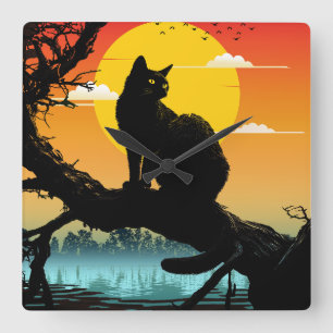 Horloge Carrée Silhouette de chat et d'arbre au coucher du soleil