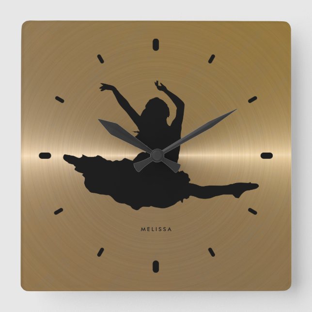 Horloge Carrée Silhouette De Danseur Noir Sur Acier Inoxydable Or (Recto)