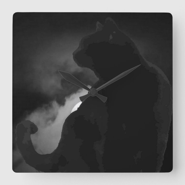 Horloge Carrée Silhouette de lune de chats noirs (Recto)