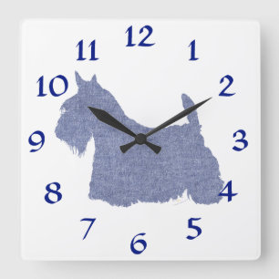 Horloge Carrée Silhouette de Terrier Écossais en Denim