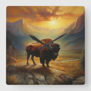 Horloge Carrée Silhouette du coucher de soleil de bison de buffle