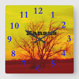 Horloge Carrée Silhouette du coucher de soleil KANSAS