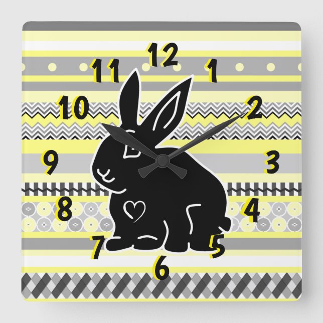 Horloge Carrée Silhouette lapin noir sur Motif gris jaune Jouer (Recto)
