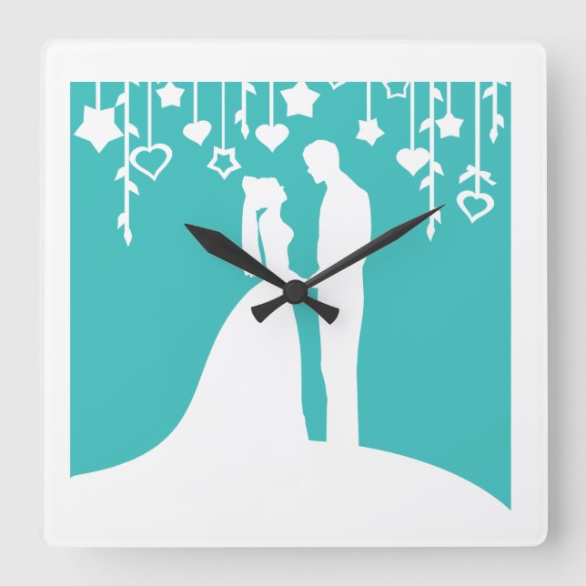 Horloge Carrée Silhouettes Aqua & White Bride et Mariage de chamb (Recto)