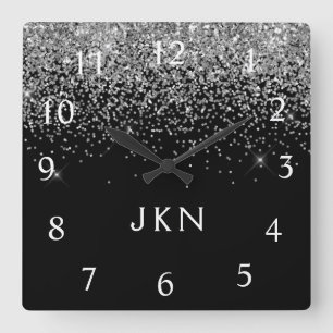 Horloge Carrée Silver Black Glitter Monogram Girly Name Initials