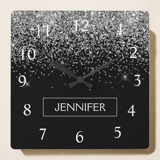 Horloge Carrée Silver Black Parties scintillant Girl Monogramme N (Créateur téléchargé)