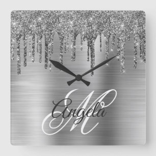 Horloge Carrée Silver brossé Parties scintillant de  Drig Fancy M