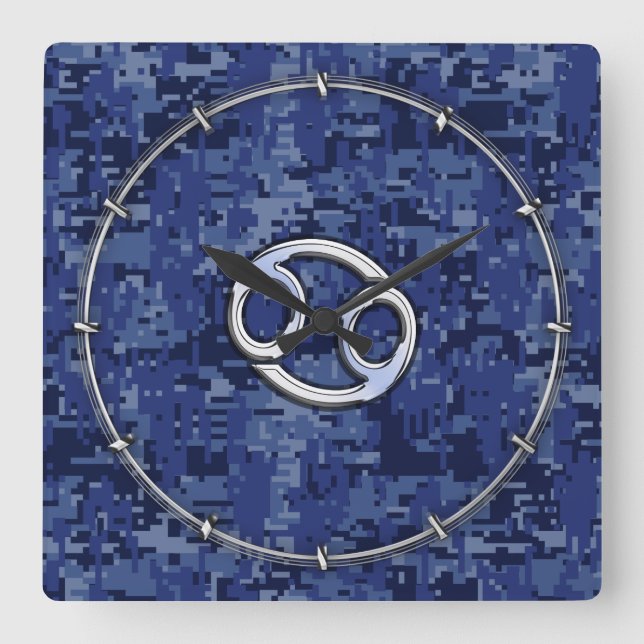 Horloge Carrée Silver Cancer Zodiac Sign Navy Blue Digital Camo (Recto)