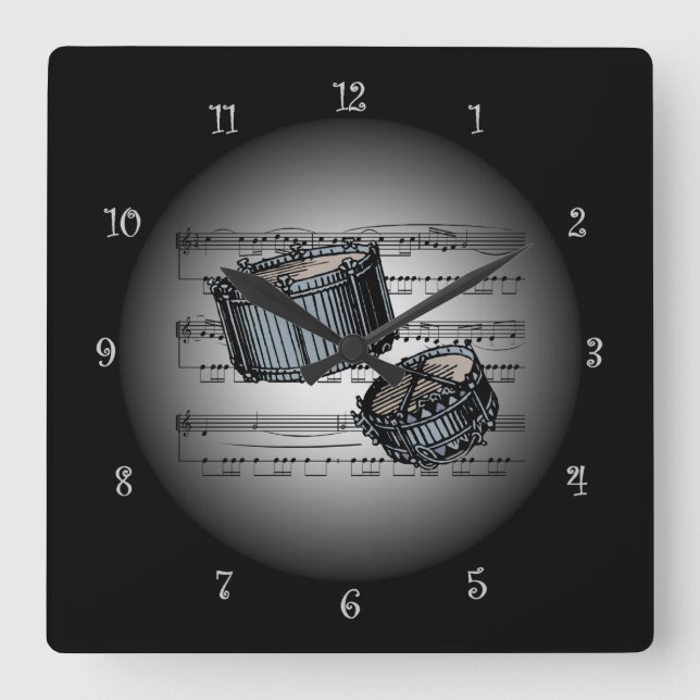 Horloge Carrée ~Silver de musique de feuille de ~ de tambours de (Recto)