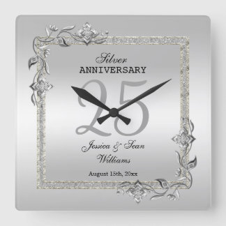 Horloge Carrée Silver Gem & Glitter 25th Wedding Anniversary