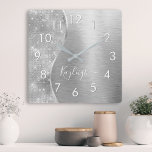 Horloge Carrée Silver Glitter Glam Bling Personalized<br><div class="desc">Easily personalize this silver brushed metal and glamorous faux glitter patterned wall clock with your own custom name</div>