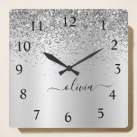 Horloge Carrée Silver Glitter Glam Metal Monogram Name<br><div class="desc">Silver Faux Foil Metallic Sparkle Glitter Brushed Metal Monogram Name Clock. This makes the perfect sweet 16 birthday,  wedding,  bridal shower,  anniversary,  baby shower or bachelorette party gift for someone that loves glam luxury and chic styles.</div>