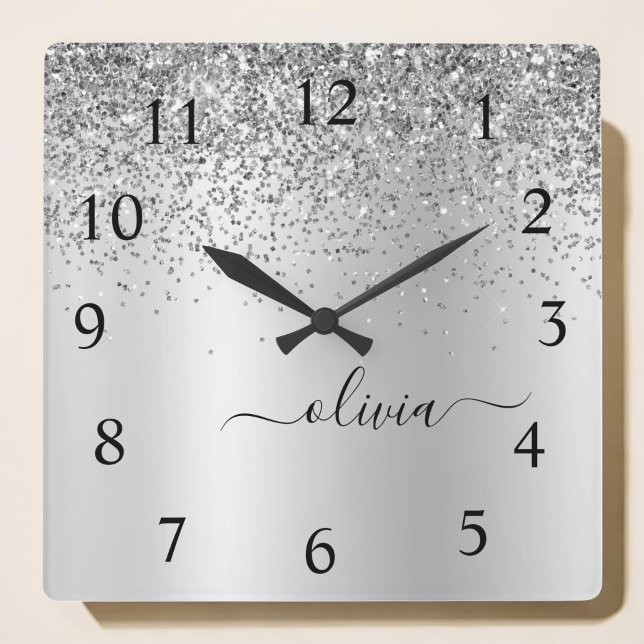 Horloge Carrée Silver Glitter Glam Metal Monogram Name (Créateur téléchargé)