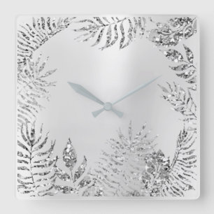 Horloge Carrée Silver Grey Floral Palm Monochrom Metallic Glitter
