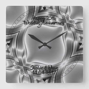 Horloge Carrée Silver Lines 25e anniversaire Mariage d'argent
