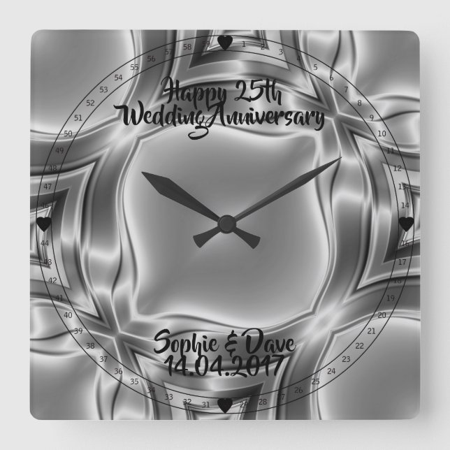 Horloge Carrée Silver Lines 25e anniversaire Mariage d'argent (Recto)