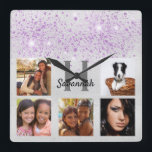 Horloge Carrée Silver purple glitter photo collage name<br><div class="desc">A unique poison or a treat for yourself celebrating her/your life with a collage of 5 of your own photos pictures.  Personalize et add a monogram letter.  A bright faux silver metallic looking background. Gray and black text. Decorated with purple faux glitter dust.  Le nom,  c'est le style moderne.</div>
