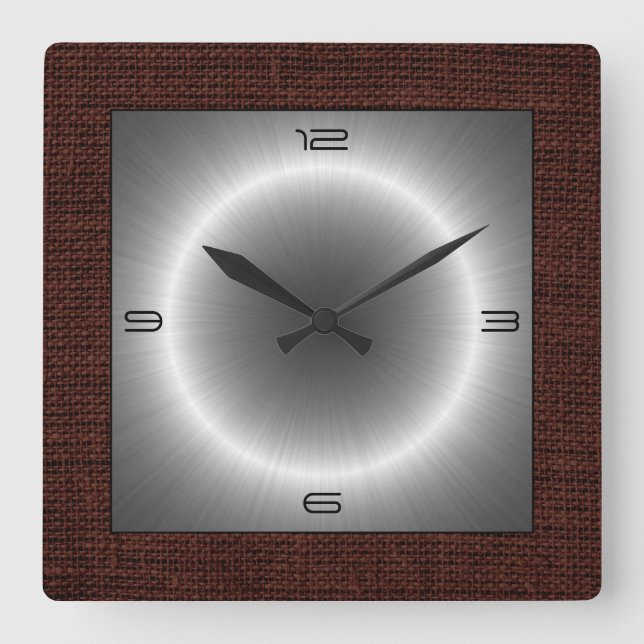 Horloge Carrée Silver Stainless Steel Modern Burlap Border (Recto)