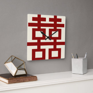 Horloge Carrée Simple Double Bonheur Mariage Chinois Minimaliste
