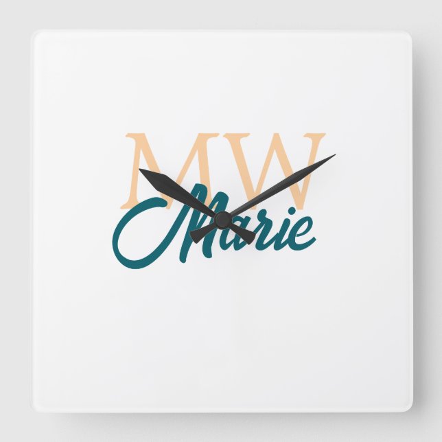 Horloge Carrée simple minimal ajouter nom monogramme orange bleu  (Recto)