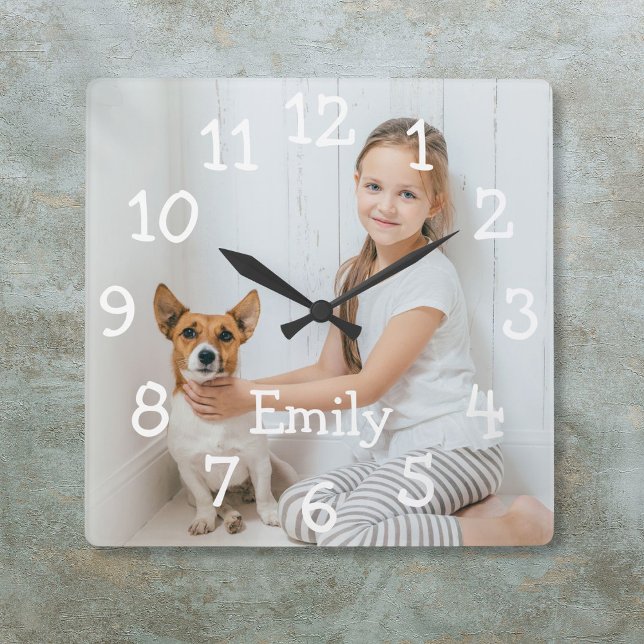 Horloge Carrée Simple Moderne Photo Personnalisé Nom (Simple Modern Personalized Name Photo Square Wall Clock)