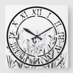 Horloge Carrée Simple motif noir et blanc avec plantes sauvages