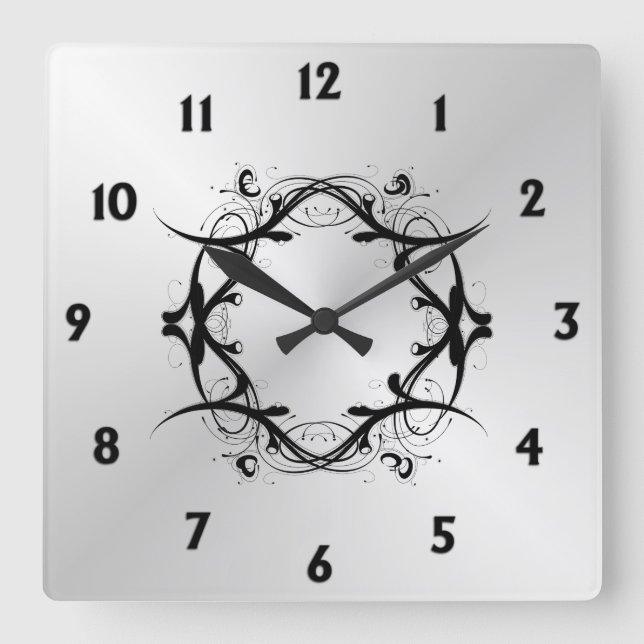 Horloge Carrée Simples Défilement Argent Face Numéros Noirs (Recto)