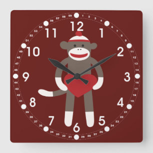 Horloge Carrée Singe à soie mignonne avec Casquette tenant coeur